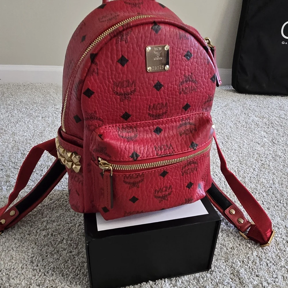 MCM Scarlet Red Backpack with Gold Accents - Picture 1 of 4